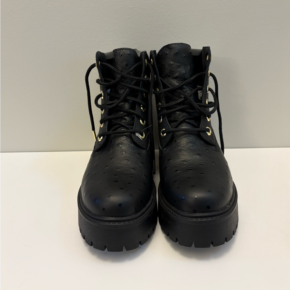 Timberland Luxe Black Platform Boots with Gold Hardware Lug Sole - Picture 5 of 5
